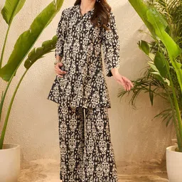 IMANA Ikkat Printed Pure Cotton Shirt Collared Tunic With Trousers Co-Ords-3
