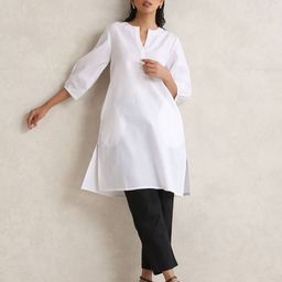 trueBrowns Notch Neck Puffed Sleeves Straight Kurta-image-83