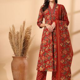 Shangri LA MS Designs Women Floral Printed Empire Mirror Work Pure Cotton Kurta with Trousers & With Dupatta-picture-38