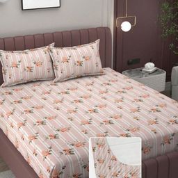 Myntra Elegant Homes Floral 300 TC King Fitted Bedsheet with 2 Pillow Covers-image-91