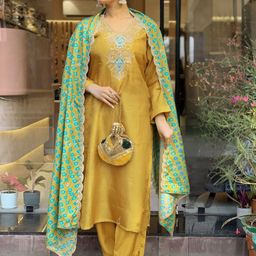KALINI Floral Yoke Design Pure Silk Kurta With Trousers & Dupatta-image-27