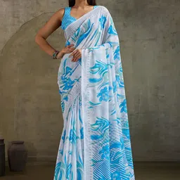 HERE&NOW Blue Pure Georgette Printed Sarees-picture-2