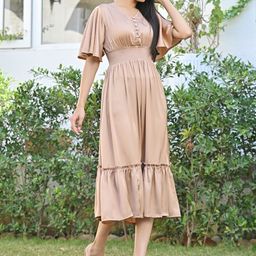 ISHWAR Women Brown V Neck Flared Sleeve Satin Fit and Flare Midi Dress-image-41