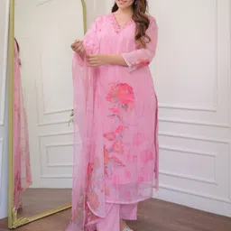 Siya Fashion Floral Printed Thread Work V-Neck Straight Kurta with Trousers and Dupatta-image-30