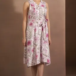 Anouk Chevron Women Floral Printed A-Line Knee Length Ethnic Dresses With Belt-image-3
