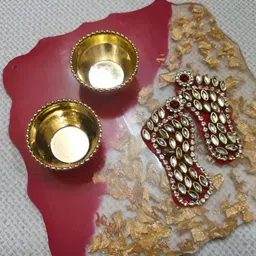 Nutts Yellow & Red Textured Goddess Lakshmi's Charan Paduka-3