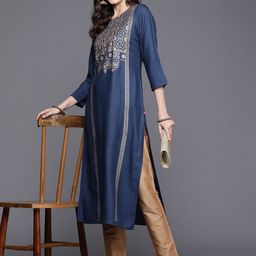 Varanga Women Navy Blue & Gold-Toned Printed Kurta-image-63