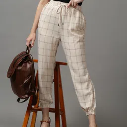 SHOWOFF Women Cream-Coloured Checked Trousers-image-37