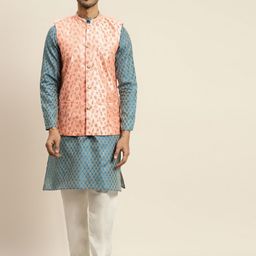 SOJANYA Men Blue Ethnic Motifs Kurta with Churidar with Nehru Jacket-image-87