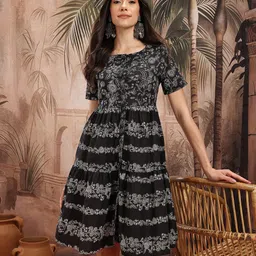 Sangria Floral Print Cotton A-Line Ethnic Dress-image-76