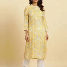 W Mustard Printed Straight Kurta-image-40