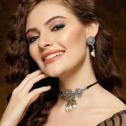 Moedbuille Pearls & Stone Floral Design Oxidised Silver Plated Handcrafted Antique Jewellery Set-12