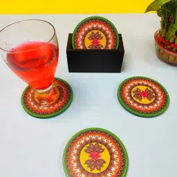 Crayton Multicolor Wooden Madhubani Printed Round Coasters with Holder - Set of 6-image-54