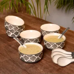 Unravel India Grey & White Ceramic  Soup Bowl Set-42