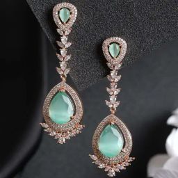 Priyaasi Mint Green Pear Leaf Rose Gold-Plated Earrings-image-91