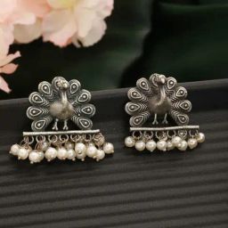 Aatmana Silver-Plated & Pear Beaded Oxidized Peacock Shaped Drop Earrings-image-48