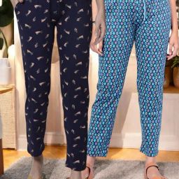Kryptic Blue & Navy Cotton Relaxed Fit Printed Lounge Pants - Pack of 2-image-69