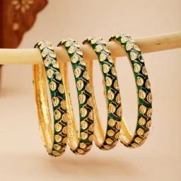 Priyaasi Green Leaf Design Meenakari Gold-Plated Bangles - Set of 4-7
