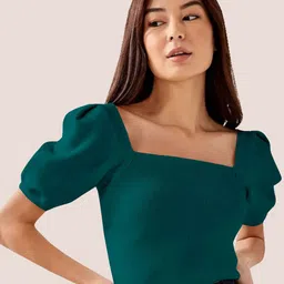 BerryBird Square Neck Puff Sleeve Knitted Top-image-79