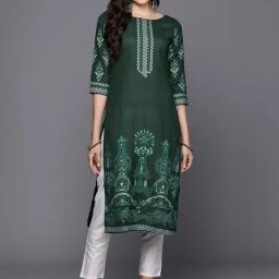 Indo Era Green Cotton Printed Straight Kurta-image-41