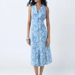 Bombay Paisley by Westside Blue Foliage Pattern Cotton Shirt Dress-picture-17