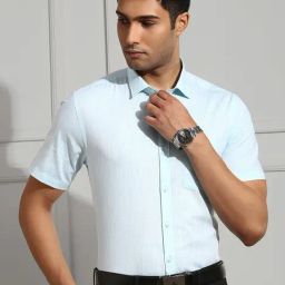 Ramraj Light Blue Regular Fit Textured Cotton Shirt-image-80