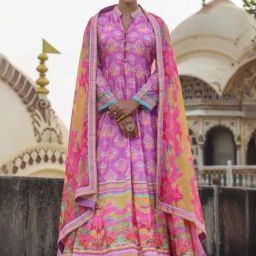 Scakhi Lavender Dola Silk Printed Anarkali Dress With Dupatta-image-26