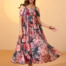Globus Floral Print Cold-Shoulder Georgette Fit & Flare Maxi Dress-image-18