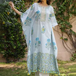 SCAKHI Blue Striped-Floral Block Printed Cotton Kaftan Set-picture-10