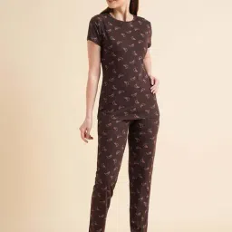 Sweet Dreams Brown Cotton Printed T-Shirt Pyjama Set-image-101