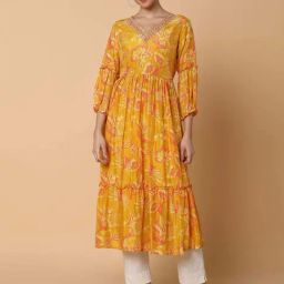SHOWOFF Mustard Printed Flared Kurta-image-88