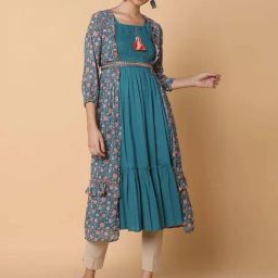 SHOWOFF Turquoise Cotton Printed A Line Kurta With Shrug & Waist Belt-picture-14