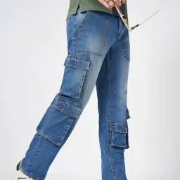SF Jeans by Pantaloons Light Blue Cotton Regular Fit Solid Cargo Jeans-image-56