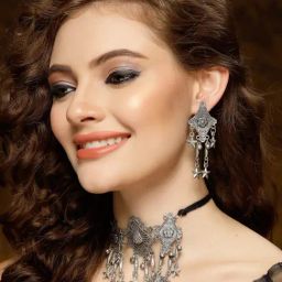 Moedbuille Ghungroo Studded Filigree Work Oxidised Silver Plated Handcrafted Antique Jewellery Set-47