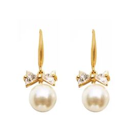 Joker & Witch Golden Elegant Bow Pearl Drop Earrings-4