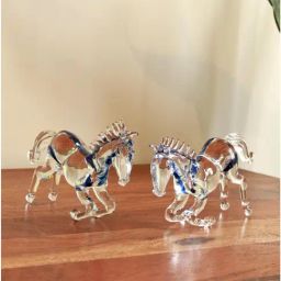 Unravel India White Glass Horse Figurine with Blue Highlights Art Piece - Set of 2-42