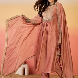 Sangria Floral Yoke Design Pleated Notch Neck A-Line Kurta With Trouser And Dupatta-image-40