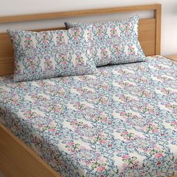 CHHAVI INDIA Blue & White Ethnic Motifs 210 TC Queen Bedsheet with 2 Pillow Covers-image-88