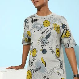 Difference of Opinion Grey Loose Fit Graphic Print Cotton Oversized Crew T-Shirt-image-95