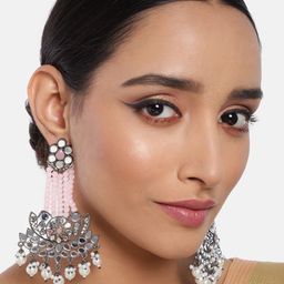 Sangria Silver-Plated Artificial Stones Studded & Beaded Contemporary Drop Earrings-21
