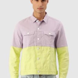 Bene Kleed Pastel Lilac & Lime Yellow Slim Fit Cotton Denim Jacket-image-0