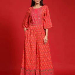 Juniper Coral Ethnic Motif Printed Rayon Flared Jumpsuit-16