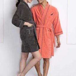Nautica Highline Coral & Dark Grey Cotton 500 GSM Ultra Soft Bath Robe - Set of 2-image-27