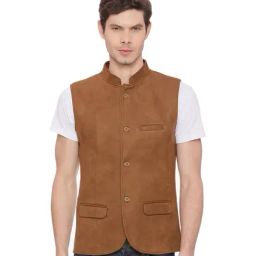 Basics Brown Sleeveless Mandarin Collar Waistcoat-image-25
