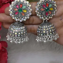 MEIRA JEWELLERY Artificial Stones Studded And Beaded Dome Shaped Jhumkas-picture-12