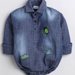 Polka Tots Full Sleeves Alarm Clock With Wake Up Text Placement Printed Denim Onesie - Blue-image-46