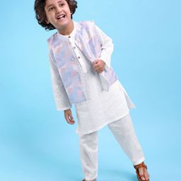 Babyhug 100% Cotton Woven Full Sleeves Kurta & Pajama Set with Stripes Embroidered Bandi Jacket - White-image-62