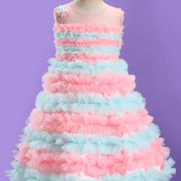 Bluebell Sleeveless Net DC Party Frock With Floral Applique - Blue & Pink-image-24
