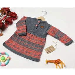 Shilpshakti Full Sleeve Anchor Designed Colour Blocked   Handmade Woollen Sweater Dress - Orange And Grey-picture-44
