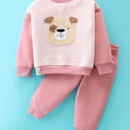 Little Kangaroos Full Sleeves Winter Wear T-Shirt and Lounge Pant Set Stripes & Bear Applique - Pink-image-85